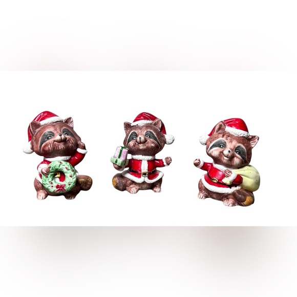 Homeco Other - VINTAGE SET OF 3 HOMCO #5611 Christmas Santa Raccoon Figurines Porcelain Ceramic
